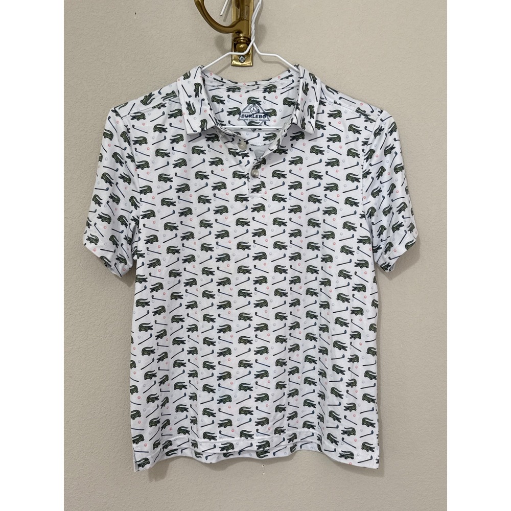 Burlebo Golf Polo Kids Sz L 10/12 White Alligator Gator Print Performance Shirt